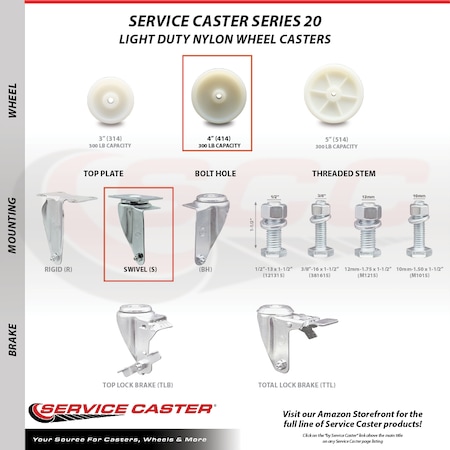 Service Caster 4 Inch Nylon Wheel Swivel Top Plate Caster Total Lock Brakes SCC, 2PK SCC-TTL20S414-NYS-2-S-2